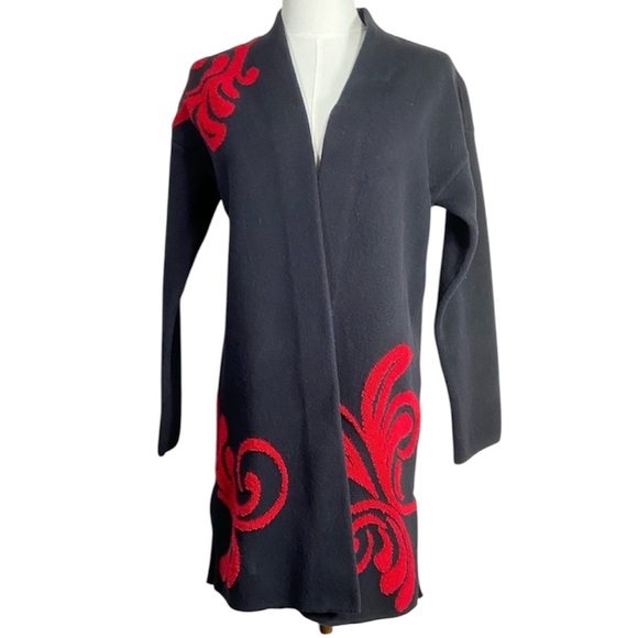 Chico's Sweaters - Chicos Cardigan Long Open Front Scroll Print Black Red Size 0 S